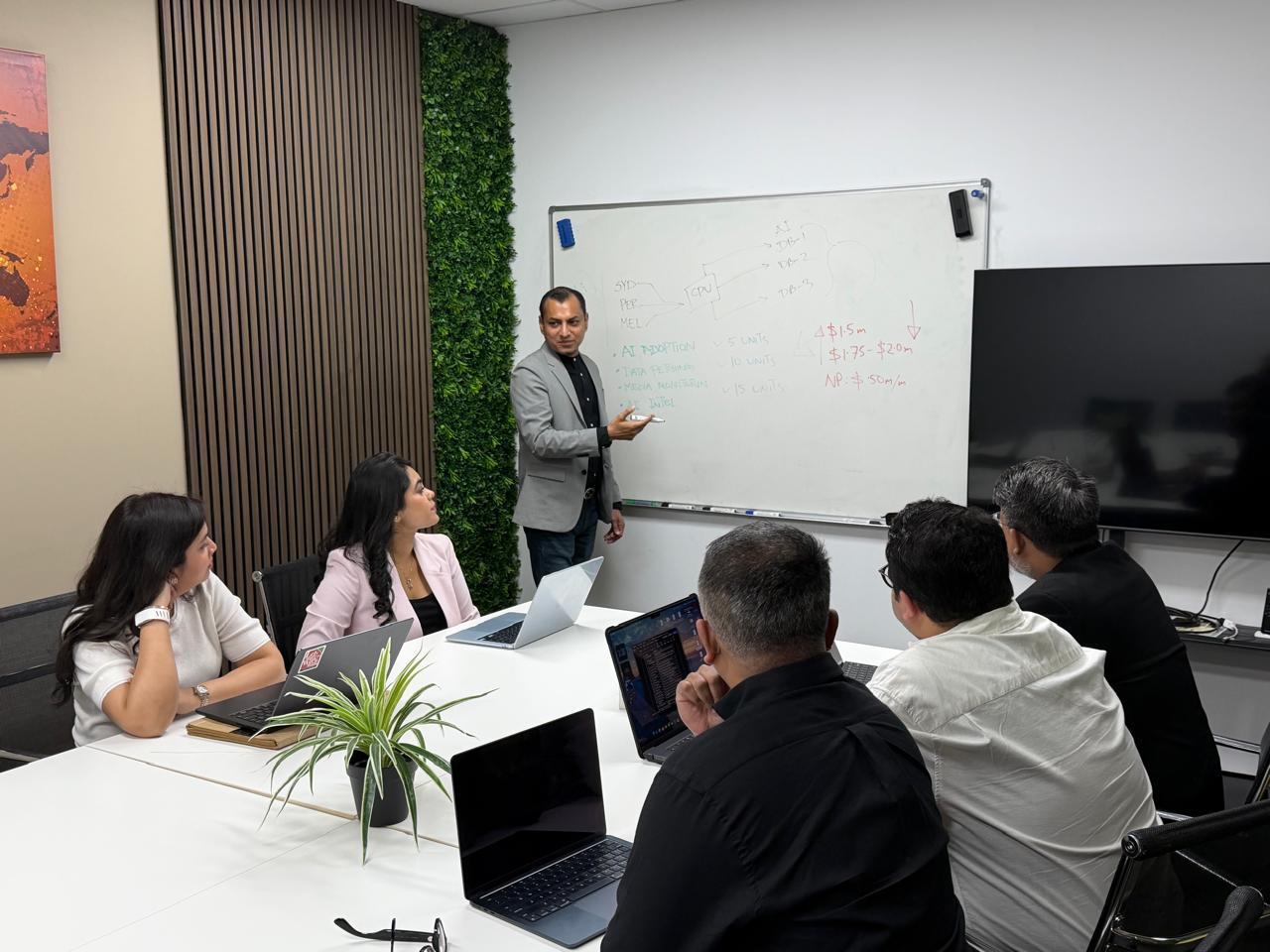A team discussion beside a whiteboard